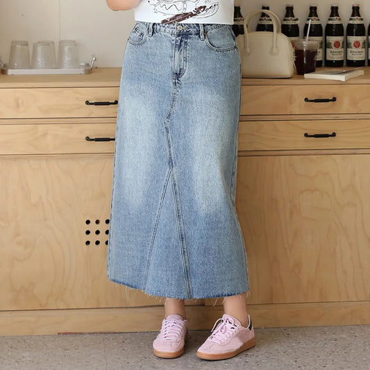 Women's Plus Size Retro High Waist Straight Denim Skirt With Back Slit Premium Casual Spring Summer Mid-Length Skirt