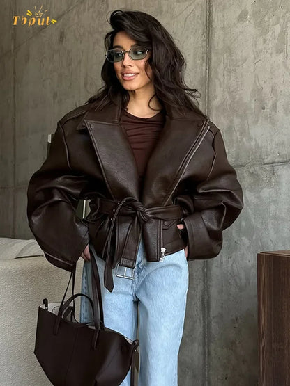 Brown Lapel Leather Bomber Jacket Women's Fashion Full Sleeve Zipper Pocket Lace Up Belt Coat 2025 Autumn High Street Outerwear