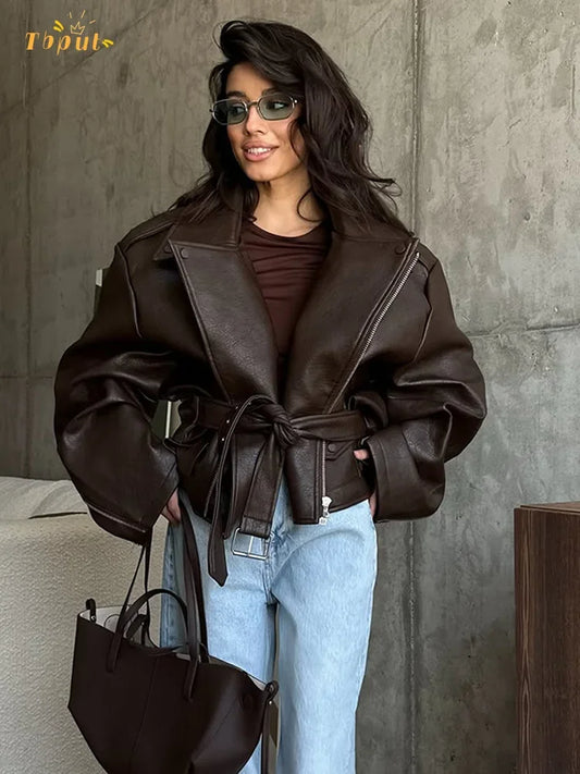 Brown Lapel Leather Bomber Jacket Women's Fashion Full Sleeve Zipper Pocket Lace Up Belt Coat 2025 Autumn High Street Outerwear