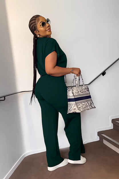 Women Short Sleeve Top & High Waist Pants Set