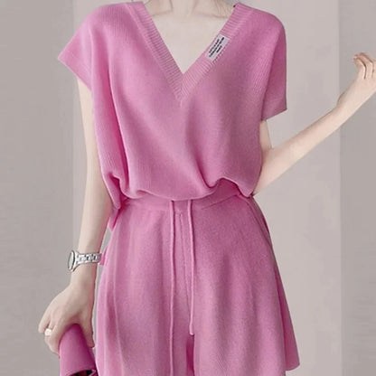 Casual Fashionable V-Neck Shorts Set Summer New Light Elegant Quality Small Size People Will like Short Skirt And Top Set