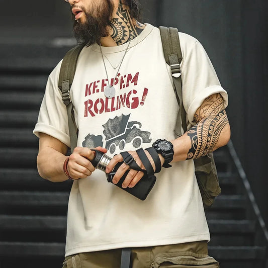 Maden Maden Summer Men's Beige Short Sleeve T-Shirts Vintage Graffiti Letter Car Print Tees Heavyweight Casual  Tops for Men