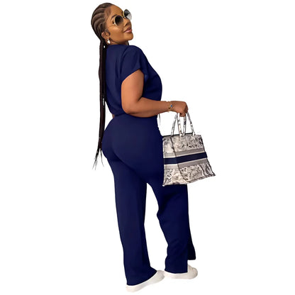 Women Short Sleeve Top & High Waist Pants Set