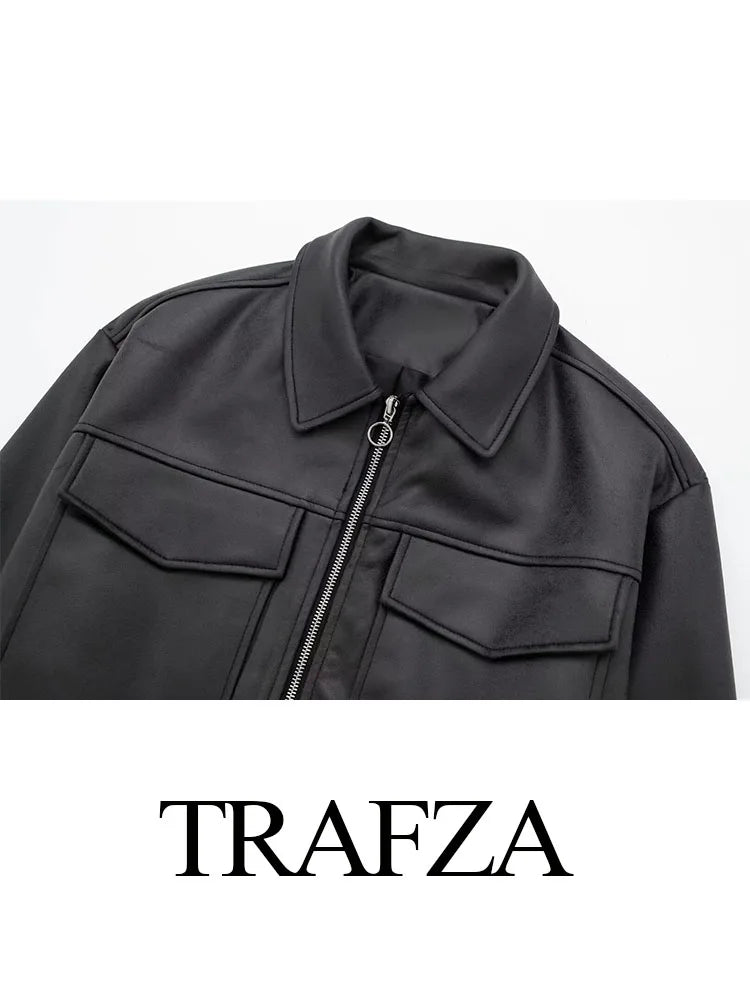 TRAFZA Winter Short Coats Woman Trendy Black Turn-Down Collar Long Sleeves Pockets Zipper Female High Street Thick Jackets