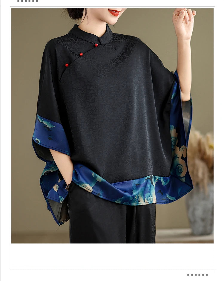 Mulberry Silk Chinese Style T-shirt for Women Spring Summer Fashion Vintage Patchwork Half Sleeve Cloud Embroidery Female Blouse