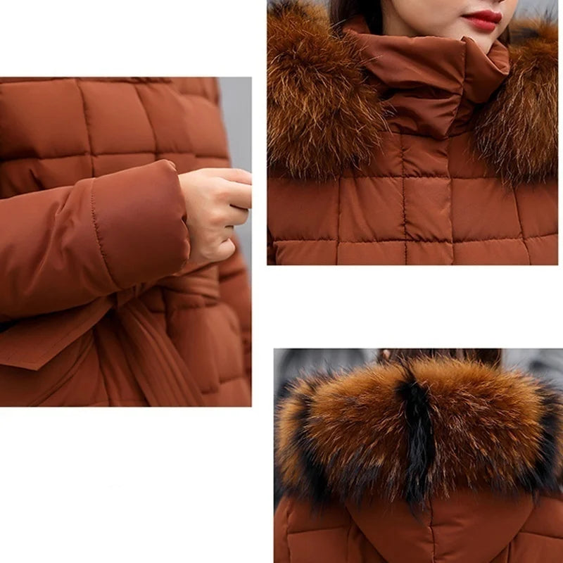 2025 Winter Women's Jacket Warm Fashion Comfortable Bow Belt Fox Fur Collar Clothes Long Dress Office Casual Women's Thick Coat