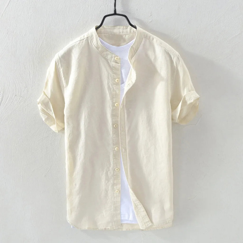 Men's Casual Cotton Linen Shirt Loose Tops Short Sleeve Tee Shirt Summer Daily Casual Handsome Shirt Blusa