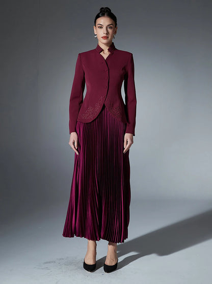 Women Stand Collar Long Sleeve Patchwork Button Tops High Waist Skirt Two Piece Set Female Fashion