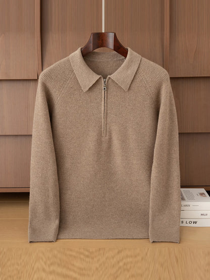 Luxury 100% Merino Wool Sweater for Men Half Zipper Polo Collar Pullover Autumn Winter Cashmere Thick Knitwear Smart Casual Top