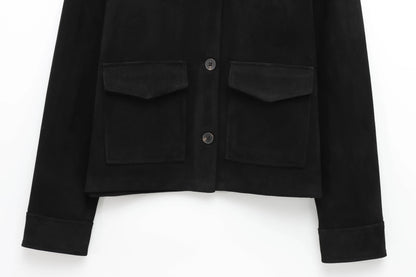 TRAF Women's Suede Texture Jacket 2025 Fashion Long Sleeve Cropped Coats Women Casual New In Outerwear