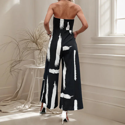 Women's Wide-leg Spliced Printed Strapless Jumpsuit