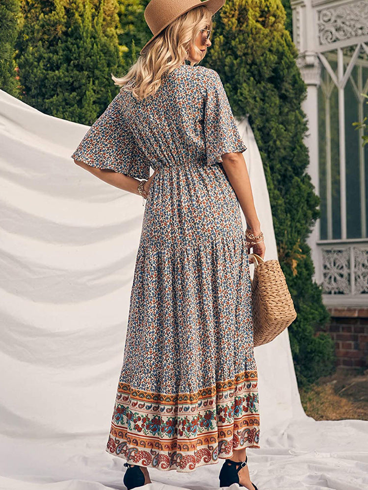 Boho Retro Printed Long Beach Dress Summer Women Flare Short Sleeve V Neck Summer A-Line Dress 2022 Party Elegant Dress