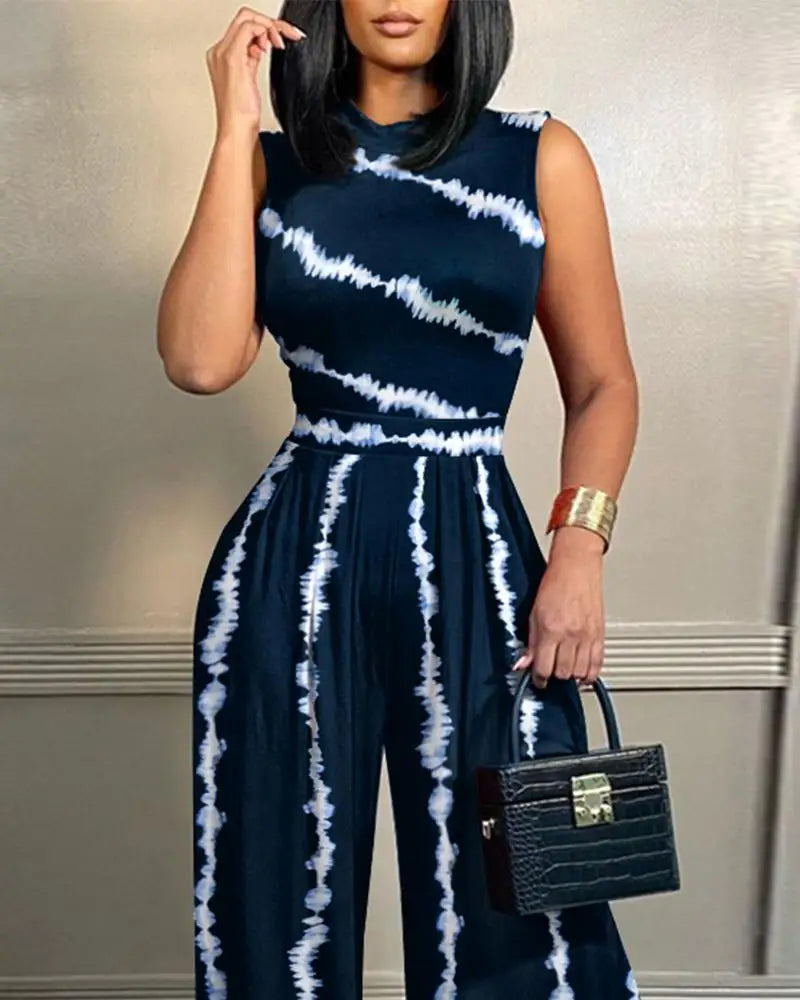 Elegant Women Wide Leg Long Printed Sleeveless Jumpsuits Trouser