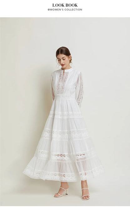 French Fashion Retro Dress Summer Clothing Lace Lace Splicing V-neck Design Lantern Sleeve Dress White Club Outfits for Women