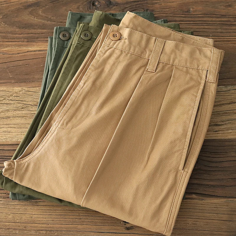 Autumn New American Retro Twill Pleat Chino Cargo Pants Men's Fashion 100% Cotton Washed Old Casual Straight Trousers