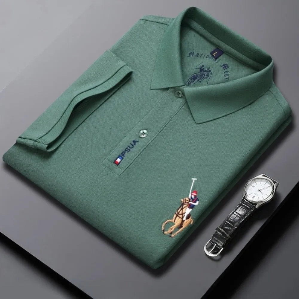 Men's High-quality Summer New Embroidered Lapel Men's Short Sleeved Polo Shirt with Tassel Solid Color Business Casual Men's Pol