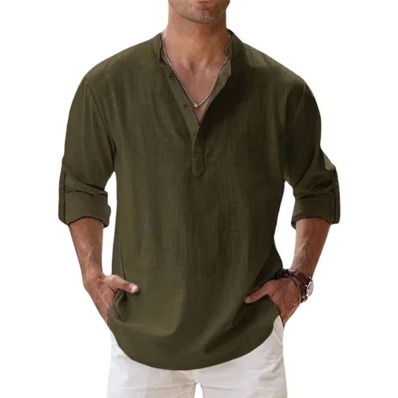 Men Cotton Linen Long Sleeve Casual Lightweight Henley Beach Hawaiian Shirt