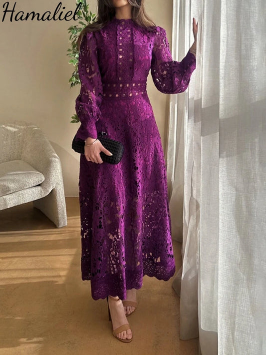 Autumn Vintage Embroidery Hollow Out Dresses Women's Stand Collar Long Sleeve Solid High Waist Elegant Wedding Party Vestidos