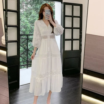 2025 Women's New Spring/Summer White Hollow Sweet Dress Fashion French Bubble Sleeve Knee length Skirt European and American