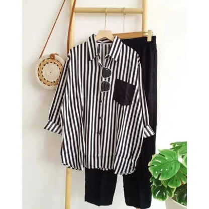 2024 Summer New Fashion Loose-Fit Slimming Casual Striped Two-Piece Suit Women's Comfortable Black Pink Red Short Skirt Set