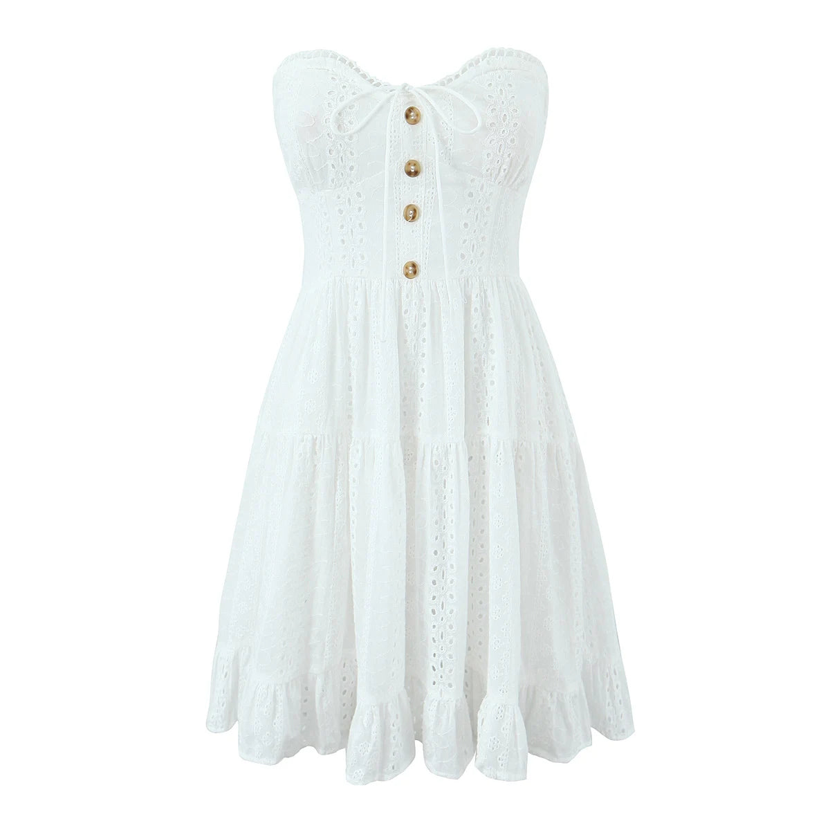 Evening Party Embroideryed Dress Elegant Summer Solid Color White Lace dress Off Shoulder Short Dress Front Tie Back Shirred