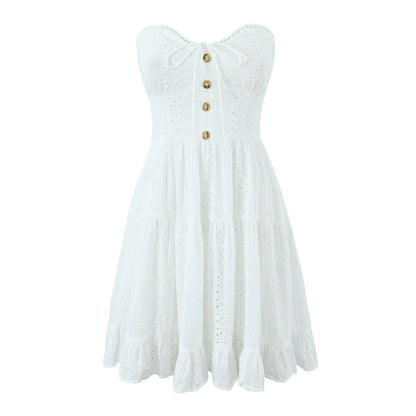 Evening Party Embroideryed Dress Elegant Summer Solid Color White Lace dress Off Shoulder Short Dress Front Tie Back Shirred