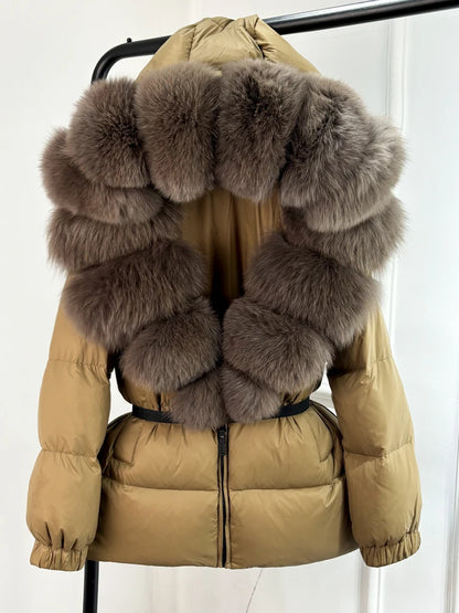 Janveny 2025 Winter Puffer Jacket Women Real Fox Fur Hooded Thick Warm 90% White Duck Down Coat Female Parkas Waterproof