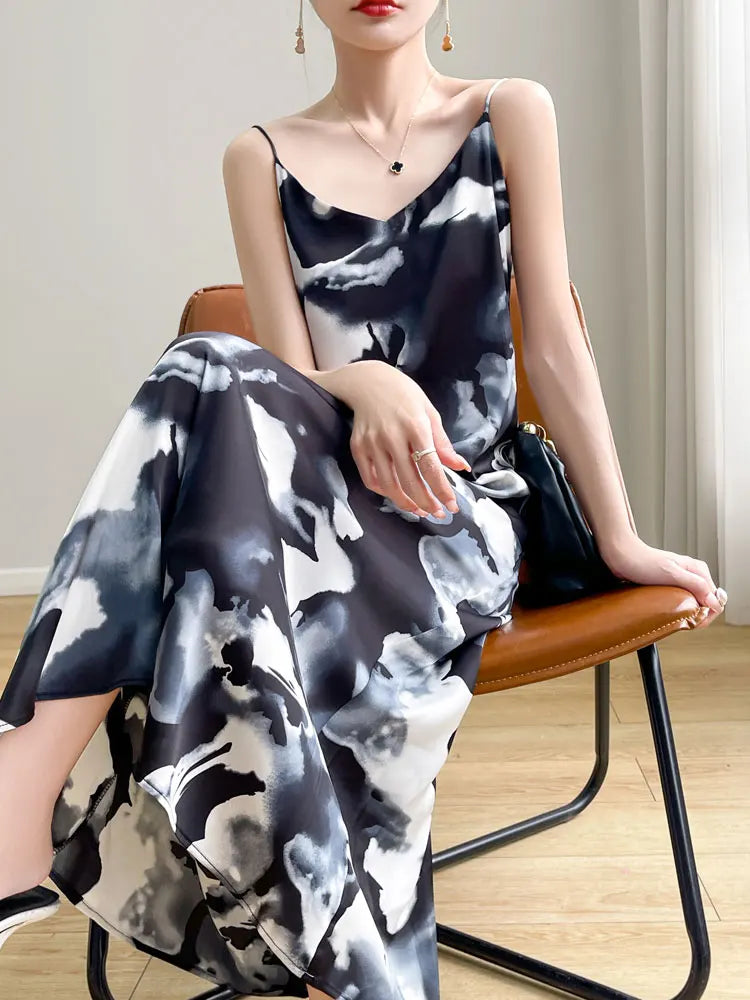 2024 Spring and Summer New Women's Dress Colorful Flower Suspender Skirt Satin Silky Dress Cool and Comfortable