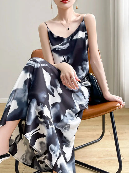 2024 Spring and Summer New Women's Dress Colorful Flower Suspender Skirt Satin Silky Dress Cool and Comfortable