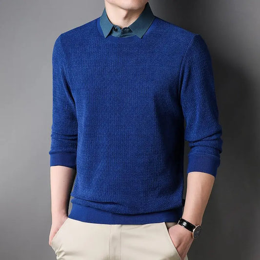 Autumn Winter New Fake Two Piece Shirt Collar Sweater Men Long Sleeved Solid Trendy Button Screw Thread Korean Slim Pullover Top