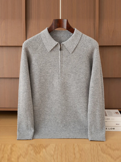 Luxury 100% Merino Wool Sweater for Men Half Zipper Polo Collar Pullover Autumn Winter Cashmere Thick Knitwear Smart Casual Top