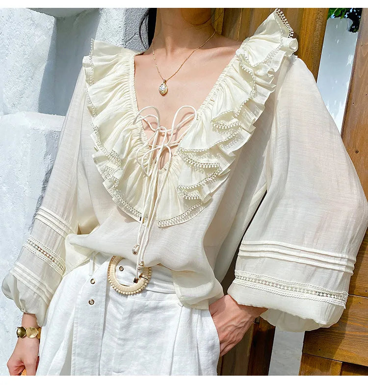 2025 Spring New Women's French White Shirt Splicing Lace Embroidery Design Ladies Shirt Long Sleeve Casual Holiday Beach Tops