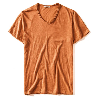 2021 New Summer V-neck T-shirt Men 100% Combed Cotton Solid Short Sleeve T Shirt Men Fitness Undershirt Male Tops Tees