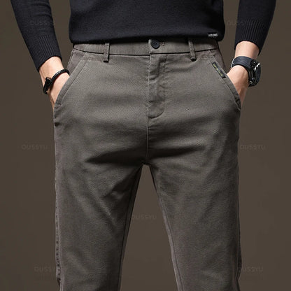 Autumn Winter High Quality Pants Men Elastic Waist Slim Coffee Twill Brand Clothing Thick Cargo Trousers Male Plus Size 28-38