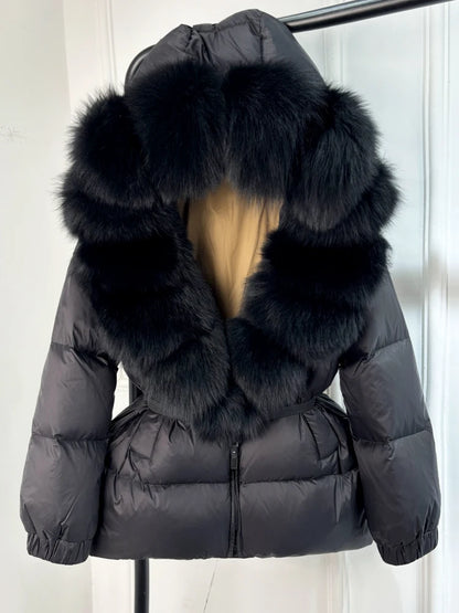 Janveny 2025 Winter Puffer Jacket Women Real Fox Fur Hooded Thick Warm 90% White Duck Down Coat Female Parkas Waterproof
