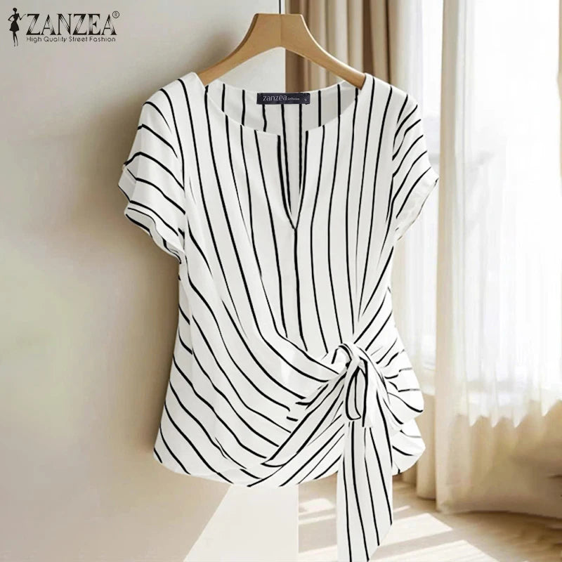 ZANZEA Women Fashion Tie-Front Striped Blouses 2025 Summer Stylish V-Neck Short Sleeve Tops Elegant Casual Commute Blusas Mujer