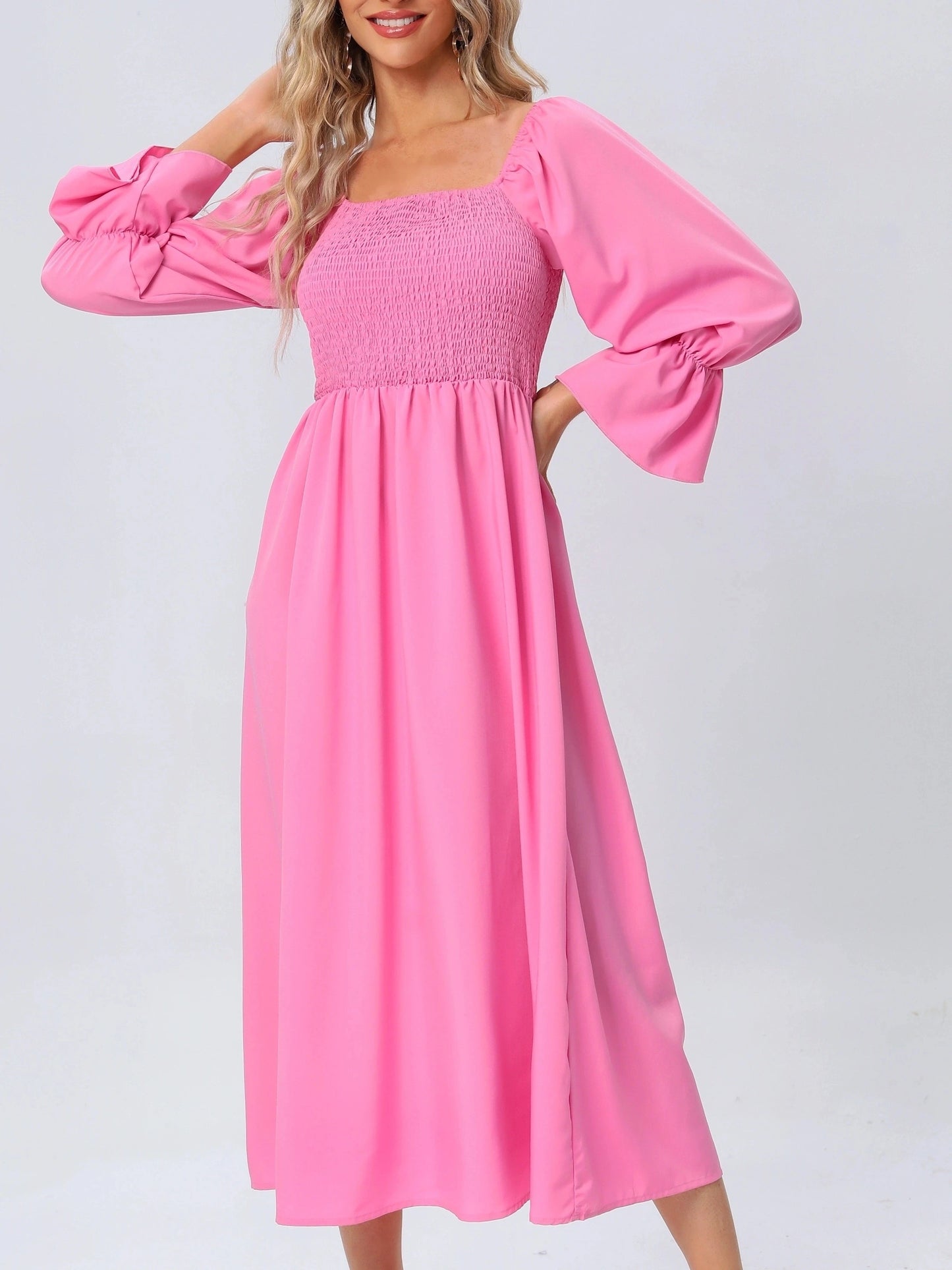 Shirred Solid Dress,Casual Lantern Sleeve Squared Neck Slim Waist Midi Dress, Women's Clothing