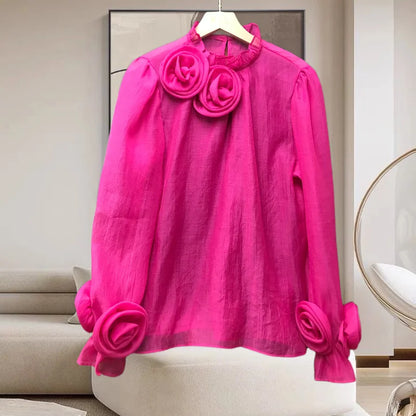 Spring 2024 French Style Shirt Women Three-dimensional Flowers Patchwork Colored Blouse Solid Long Sleeve Women Top 42927