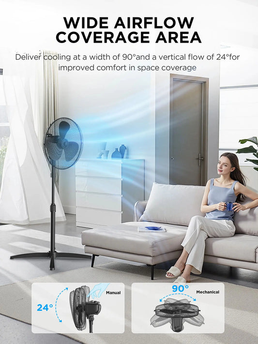 Midea 40W Pedestal Fan, 3 Speed Settings, 90° Oscillation, Adjustable Height, Powerful Airflow and Quiet Operation