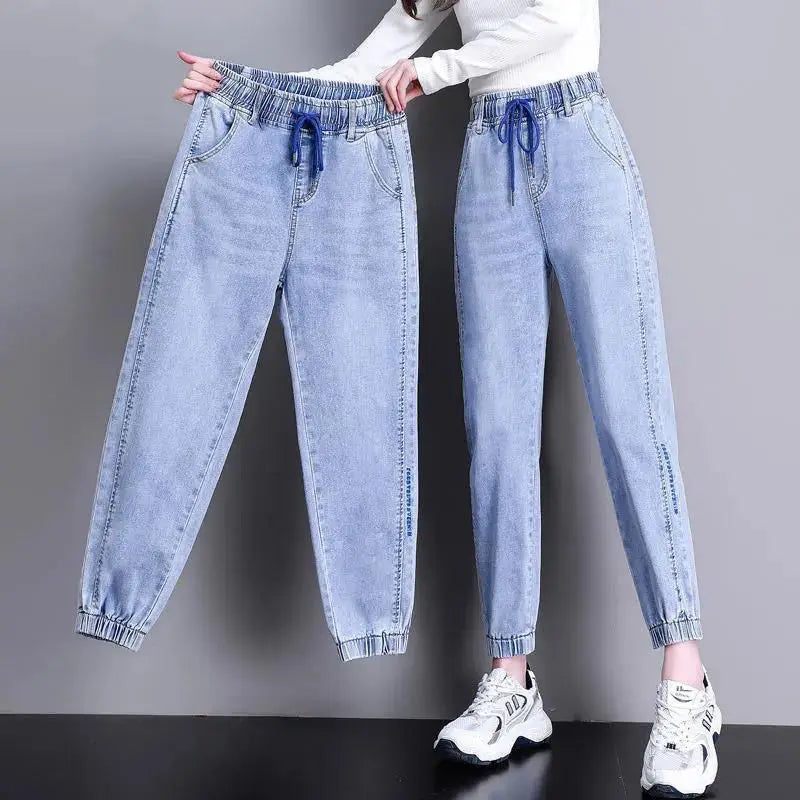 Women High Waist Denim Pants Harlan Elastic Waist Loose Casual Ankle long Pants