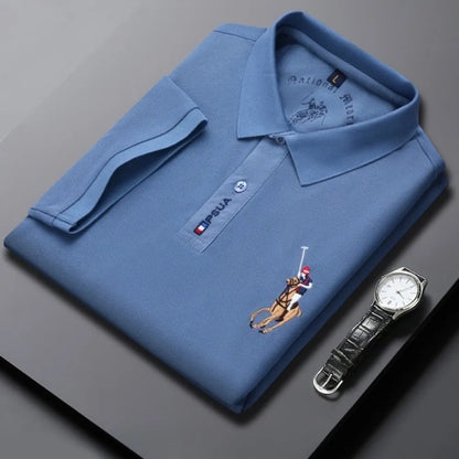 Men's High-quality Summer New Embroidered Lapel Men's Short Sleeved Polo Shirt with Tassel Solid Color Business Casual Men's Pol
