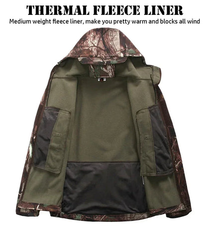 Men's Silent Camouflage Hunting Jacket Soft Shell Outdoor Hiking Fishing Hooded Coat Waterproof Fleece Tactical Jackets