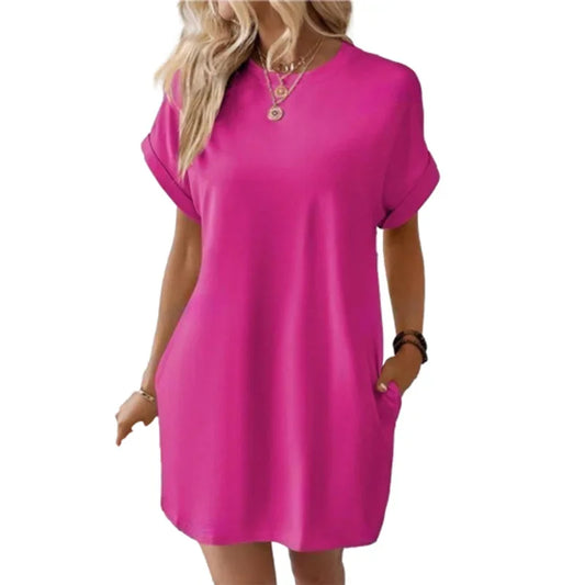 Fashion Solid Color Side Pocket Dresses Women Korean O Neck Pullover Dress Summer Female Comfortable Commuter Casual Short Gown