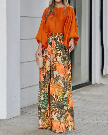 Women's Clothing Set Lantern Sleeves Loose Top Printed Wide Leg Pants Two Piece Set