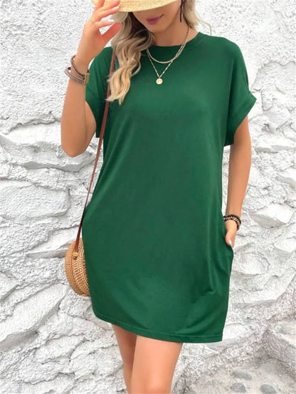 Fashion Solid Color Side Pocket Dresses Women Korean O Neck Pullover Dress Summer Female Comfortable Commuter Casual Short Gown