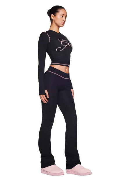 iamgia black cotton zipper hooded long sleeved high stretch top low waist micro flared pants for women 2024