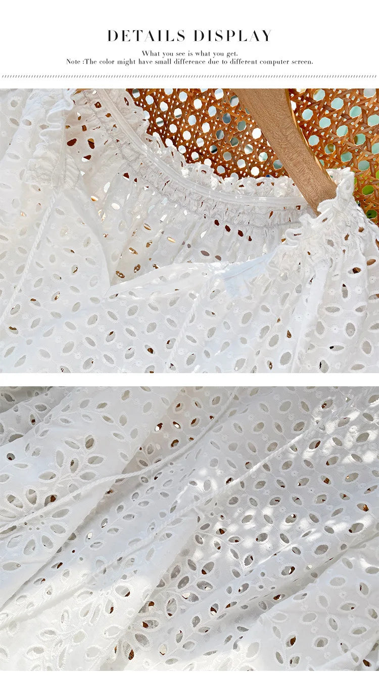 2025 Spring New Women's French White Shirt Splicing Lace Embroidery Design Ladies Shirt Long Sleeve Casual Holiday Beach Tops