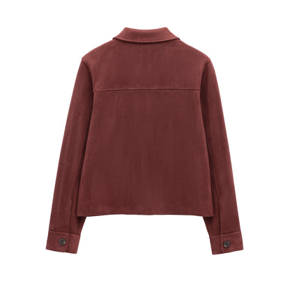 TRAF Women's Suede Texture Jacket 2025 Fashion Long Sleeve Cropped Coats Women Casual New In Outerwear