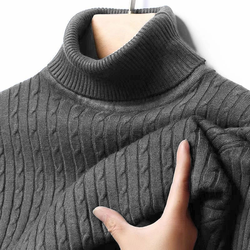 Autumn Men's Ribbed Turtleneck Sweater Warm Fitted Knitted Pullover Sweatesr Jacquard Striped Casual Long Sleeves Basic Top