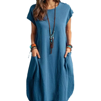 Summer Breathable Cotton Linen Solid Color Dresses Female Comfortable Casual Loose Dressy Women's Crew Neck Double Pockets Gown
